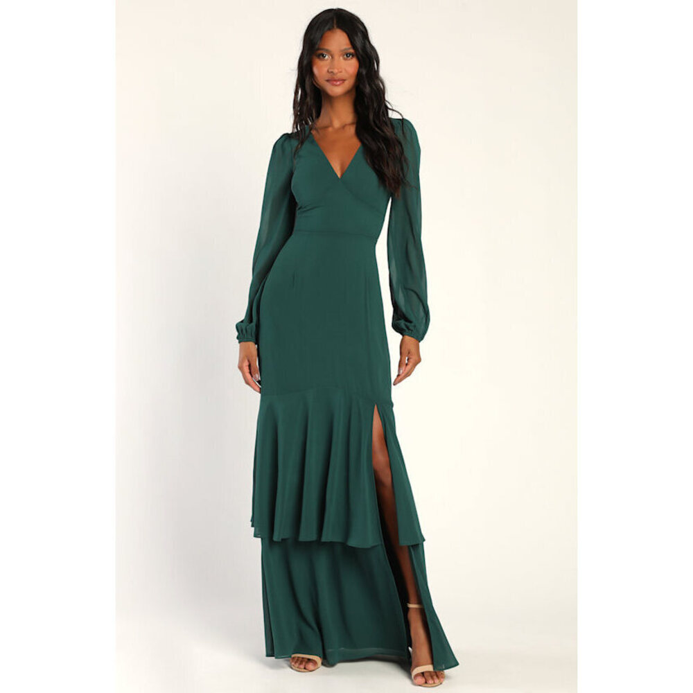 Lulus Tier Elegance Hunter Green Long Sleeve Tiered Maxi Dress - Size M